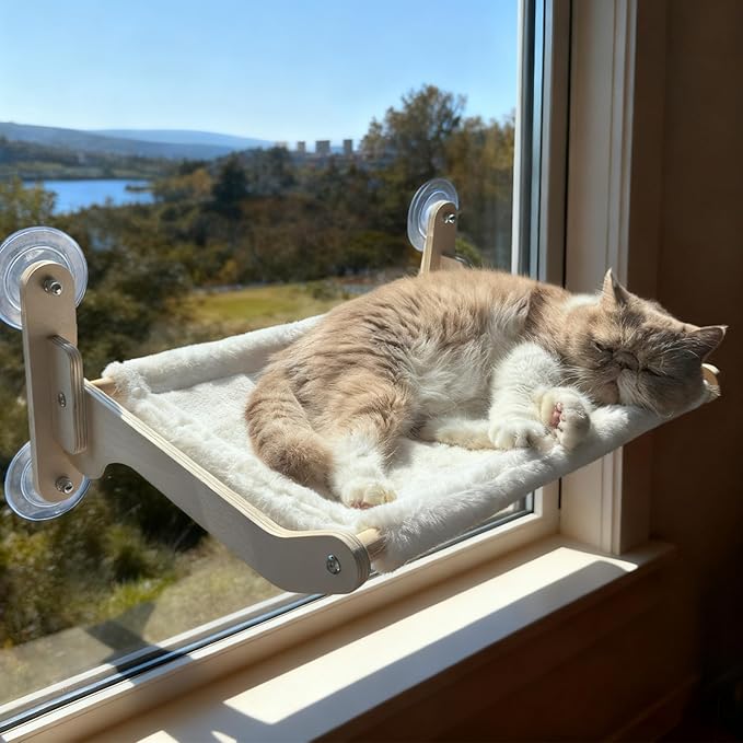 Cat Window Perch Hammock Bed - Foldable Hardwood Frame, No-Drill with Strong Suction Cups, Plush Faux Rabbit Fur for Large Cats up to 50lbs