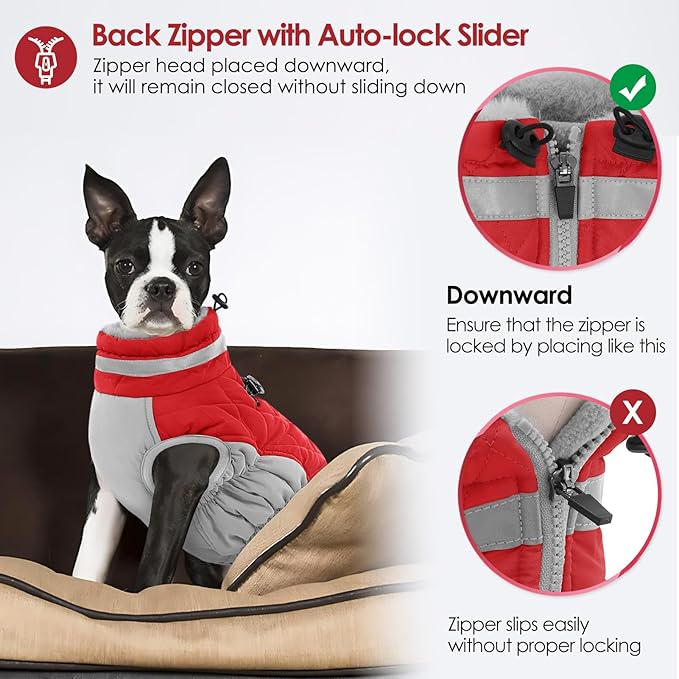 AOFITEE Dog Coat, Warm Dog Winter Coat for Small Dogs, Reflective Turtleneck Dogs Jacket with Harness Built in, Waterproof Windproof Pet Fleece Vest Snow Jacket for Cold Weather, Christmas Red S