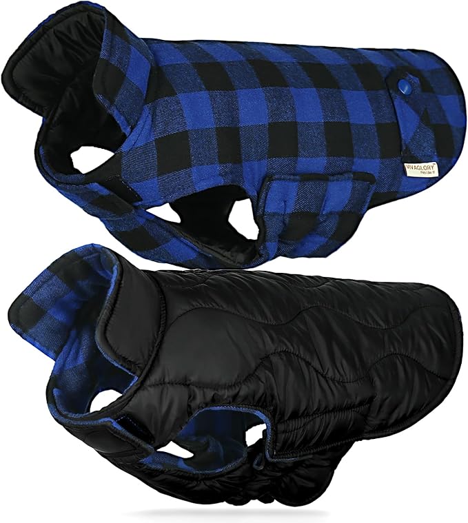 VIVAGLORY Softjoy Dog Coat, Dog Jacket for Winter & Christmas, Coat with Harness Hole & Velcro Closure, Reversible Plaid Checkered Warm Fluffy Heavy Duty for Puppy, S, Sapphire Blue Plaid