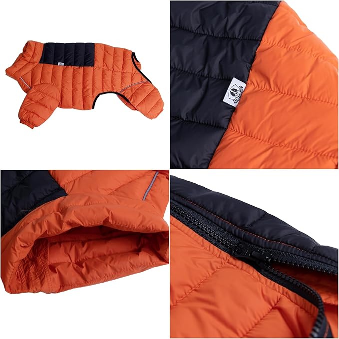 Warm Dog Coat, 4 Legs Covered Waterproof Windproof Reflective Vest, Zippered Adjustable Outdoor Snow Jacket for Small Medium Large Dogs, Orange M