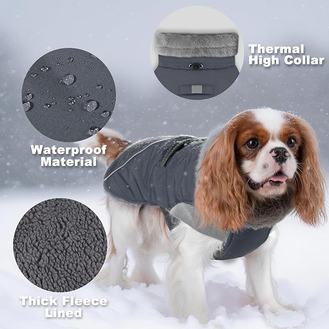 KYEESE Waterproof Dog Coat, Windproof Warm Winter Jacket with Leash Hole, Reflective Cold Weather Dog Coats for Small Dogs, Outdoor Pet Coat Cozy Puppy Jacket Thick Fleece Lined, Gray, Small