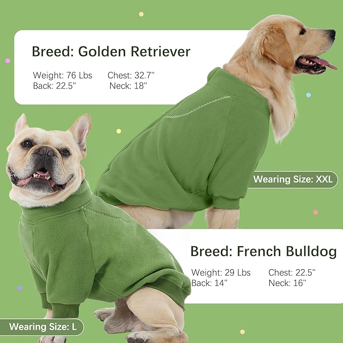 BRKURLEG Dog Sweater Warm Soft Fleece Dogs Sweaters, Turtleneck Sweatshirt for Small Medium Large Dogs, Dog Winter Coat, Christmas Pet Jacket with Zipper Cold Weather Coat (Green, XXL)