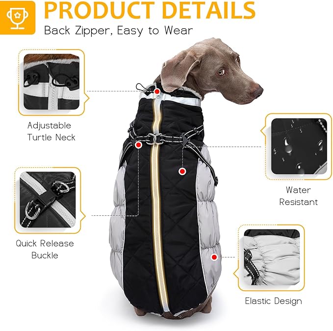 Dog Winter Coat with Harness, Dog Jacket, Pet Clothes with Zipper on Back, Waterproof Windproof Warm Vest, Reflective Cold Weather Coats, for Small Medium Large Dogs, Thick, Black, XL