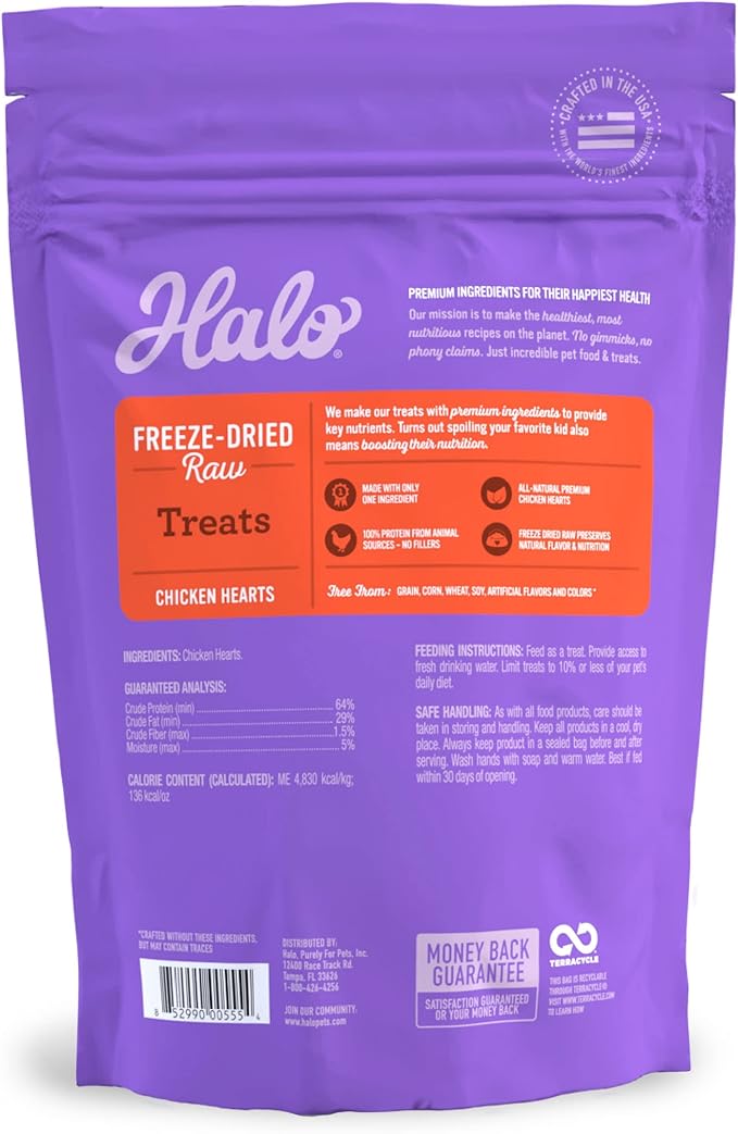 Halo Freeze Dried Raw Dog Treats, 100% Chicken Hearts Recipe, Dog Treats Pouch, All-Natural High Protien Treat, 2 Oz Pouch