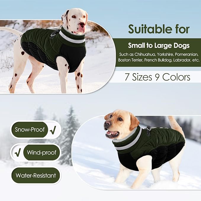 AOFITEE Dog Coat, Warm Dog Winter Coat for Small Dogs, Reflective Turtleneck Dogs Jacket with Harness Built in, Waterproof Windproof Pet Fleece Vest Snow Jacket for Cold Weather, Green S