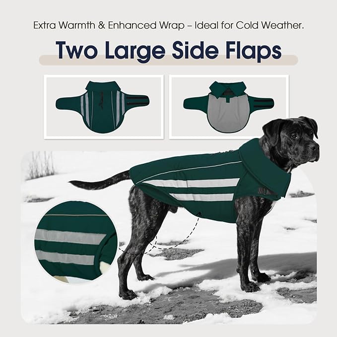 IECOii Dog Jacket - Reflective & Waterproof & Adjustable Winter Warm Coats with Fleece Lined, Snow & Rain Cold Weather for German & Shepherd, Green, Sizes 2XL