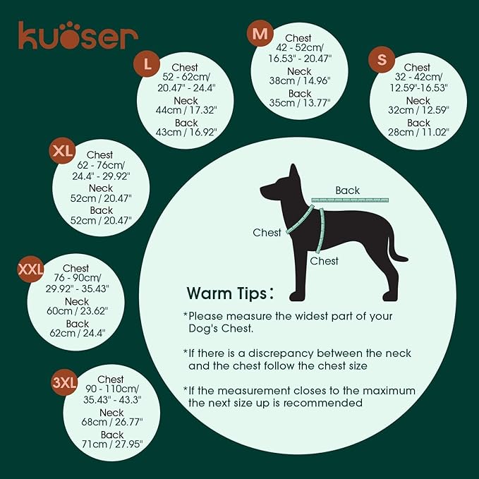 Kuoser Super-Warm Dog Jacket, Windproof Fleece Lined Turtleneck Dog Snowsuit with Reflective Strips, Soft & Adjustable Quilted Puppy Winter Coat Pet Christmas Clothes, Green 3XL