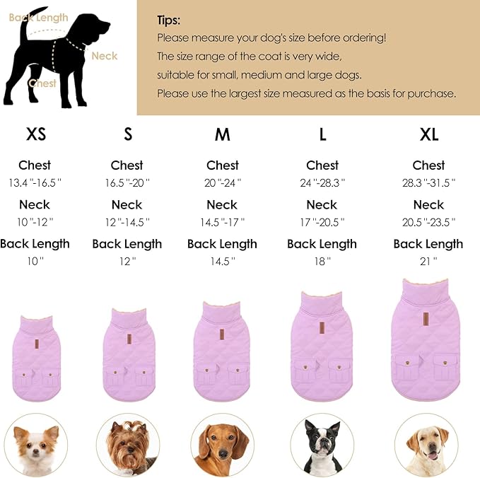 Winter Coat for Small Dogs, Puppy Plaid Jacket, Dog Jacket for Cold Weather, Windproof Warm Garments, Pets Thickened Outfits Indoor Outdoor, Lilac S