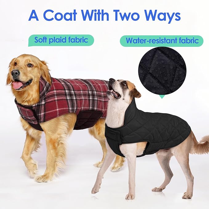 MIGOHI Dog Coat, Windproof Waterproof Reversible Jacket for Winter, British Style Plaid Warm Vest with Harness Hole, Small Medium Large Dogs, Cold Weather Coats, Red, XXL