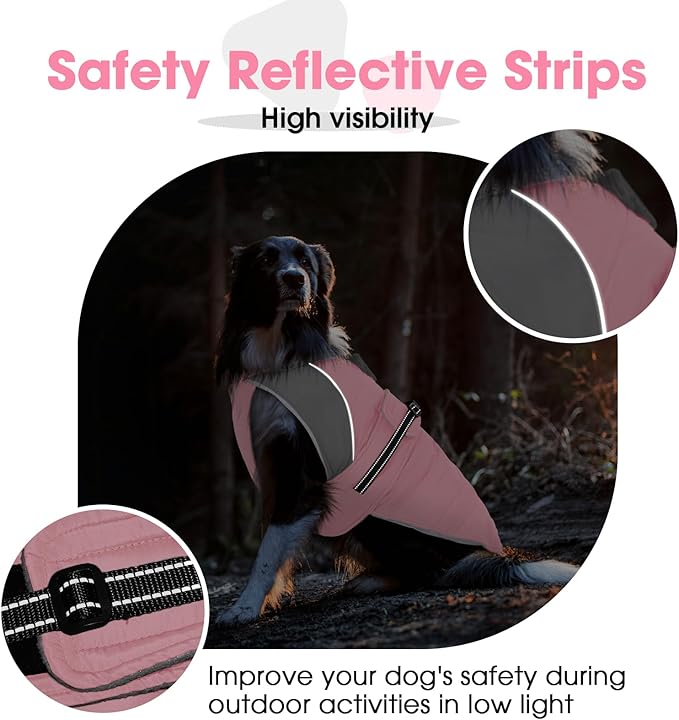 Nanaki Large Dog Coats for Winter Waterproof, Warm Fleece Lining Reflective Large Dog Jacket with Leash Hole,Furry Collar Cold Weather Puppy Jacket Outdoor Walking Hunting Easy On Pet Snow, Pink 2XL