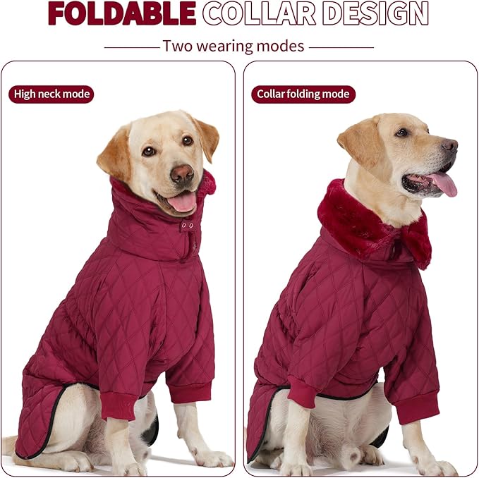 IDOMIK Dog Winter Coat for Large Dogs, Warm Dog Winter Jacket with Fleece High Collar, Zippered Cold Weather Coats for Dogs, Waterproof Doggy Snow Jacket Clothes,WineRed,3XL