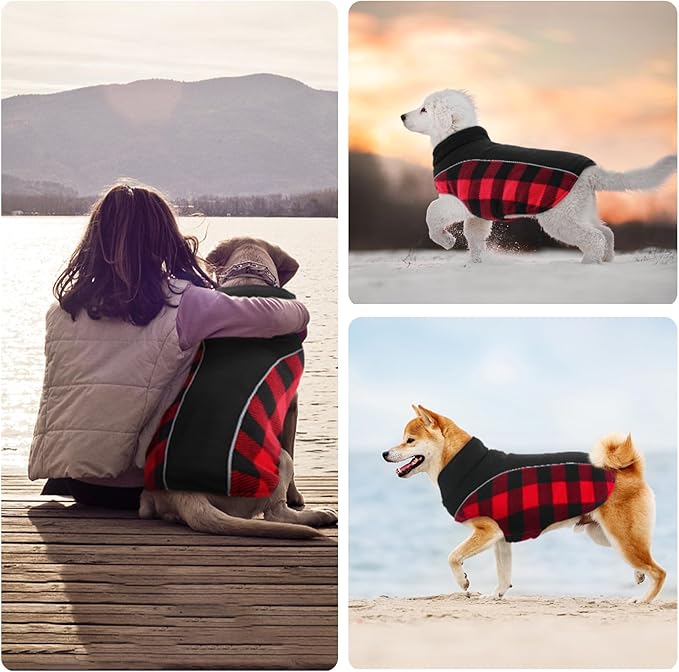 Kuoser Dog Winter Coat, Reversible Waterproof Dog Jacket with Reflective Strip, Warm Dogs Fleece Vest Adjustable Doggy Cold Weather Clothes Plaid Christmas Outfit Pet Apparel for Large Dogs, Red 2XL