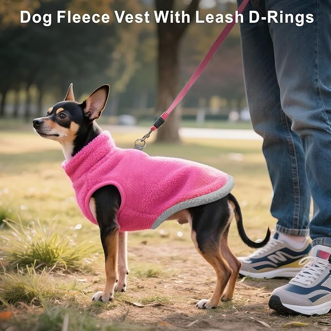 Idepet 2 Pack Dog Fleece Vest Sweater Warm Pullover Jacket with D-Ring Leash Reflective Winter Coat Hoodie for Puppy Cat French Bulldog Pug Chihuahuas Yorkies Dachshunds (Red&Rose Red,X-Small)