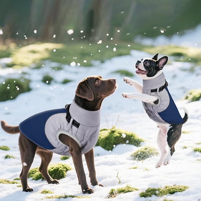 DENTRUN Dog Coat with Harness Built in, Easy On/Off Zipper Closure Winter Dog Vest, Water-Repellent Fleece Lined Warm Jacket with Reflective for Small Dogs, Dark Blue, S