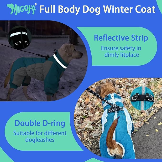 MIGOHI Full Body Dog Coat - Warm Reflective Winter Coat for Medium Dogs with Harness,Turtleneck Dog Fleece Jacket,Four-Leg Windproof Puffer Jackets Snowsuit with Zipper for Small Medium Large Dogs,M