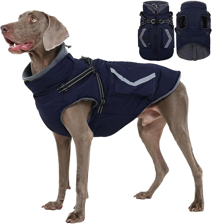 FUAMEY Fleece Lined Dog Coat, Warm Dogs Jacket with Harness, Pop Bag Pockets, Extra Large Doggy Thermal Vest Back Zipper Winter Suit, Snow Cold Weather Outfits, Cocker Spaniel (Dark Blue, 2XL)