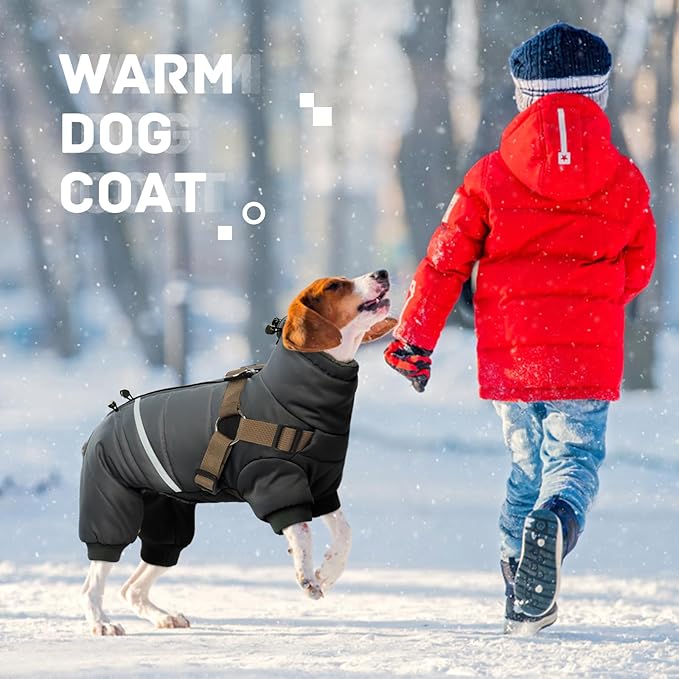 BRKURLEG Black Dog Coat with Harness, Dog Winter Jacket, Dogs Onesie Body Warm Jackets, Small Dogs Winter Coats Reflective Windproof Warm Cold Weather Coats, Pet Waterproof Jacket Hiking M