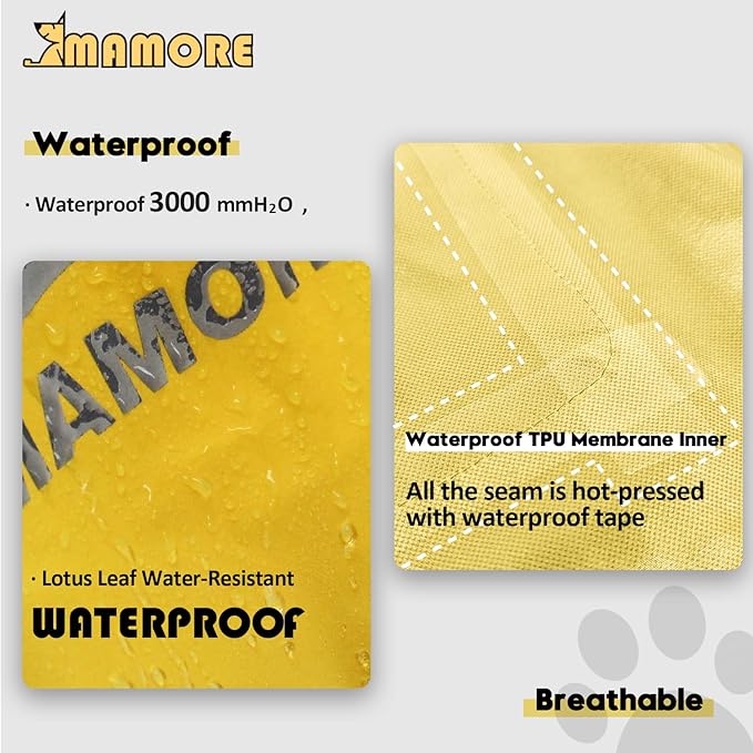 MAMORE Dog Raincoat Hooded Rain Jacket for Small Medium Large Dogs Slicker Poncho Bottom Waterproof Adjustable Reflective Breathable Leash Hole (Yellow, XXX-Large)