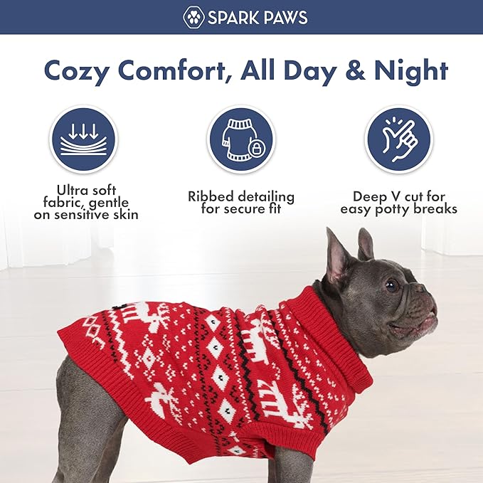 Spark Paws Christmas Dog Sweater – Ultra Soft Holiday Knit Sweater for Small, Medium & Large Dogs, Cute Pet Sweater for French Bulldogs & Big Dogs, Easy Potty V Cut Design Jacket - (Dasher Red,L)