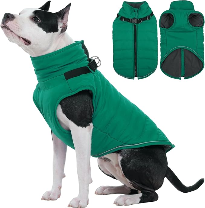 Kuoser Dog Jacket, Coat for Large Dogs with Harness Built-in, Thick Vest with Leash Hole, Cold Weather Snow Jacket for Labrador Beagle, Green XL