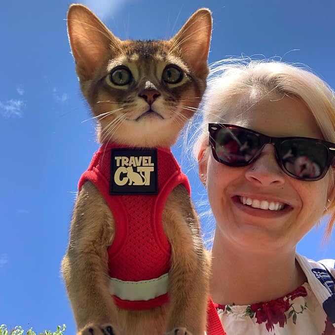 Travel Cat Harness and Leash Set - Adjustable Fit Mesh Cat Harness and Reflective Strap - Comfort Walking Vest for Kitten for Outdoor Walking, Hiking (Extra Small, Red)
