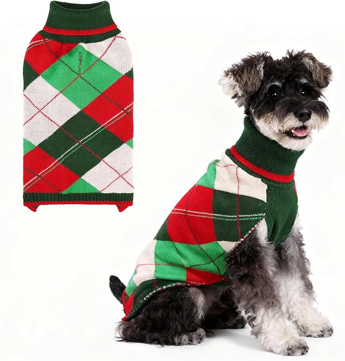 KOOLTAIL Dog Christmas Sweater Pet Knitted Clothes - Classic Plaid Pull Over Turtleneck Dog Sweaters with Leash Hole Warm Dogs Winter Clothing for Small Medium Dogs Cats Puppy Boy Girl Red & Green M