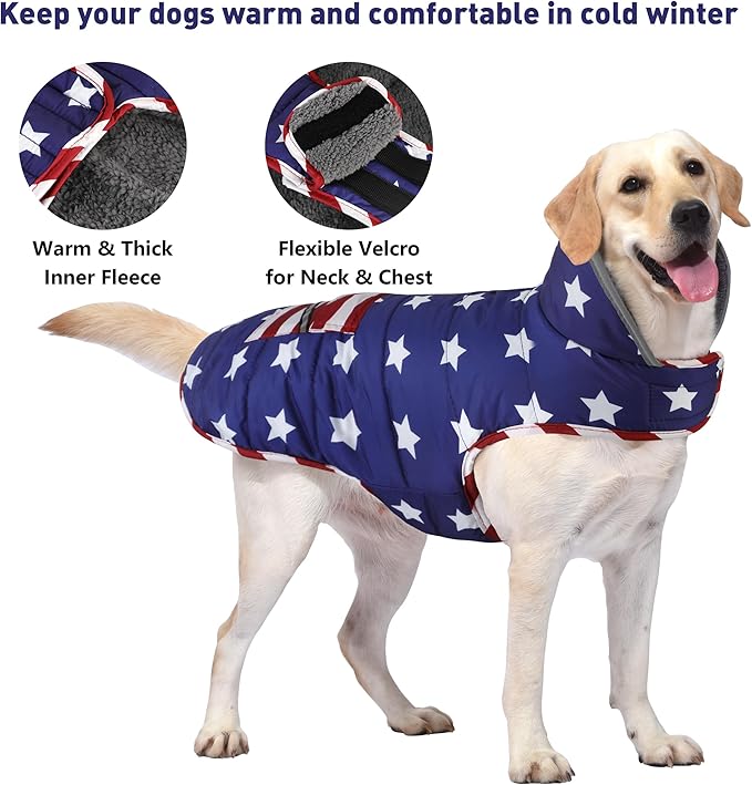 Dog Coat, Waterproof Dog Winter Jacket with Pocket, Reflective Adjustable Pet Snow Vest, Warm Cozy Fleece Sweater for Small Medium Extra Large Dogs - American Flag, M