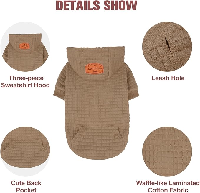 BEAUTYZOO Small Dog Hoodie Sweater with Pockets, Dog Clothes for Small Medium Dogs Boy Girl, Waffle-Like Laminated Cotton Pet Coats with Hat and Leash Hole, Khaki XXS