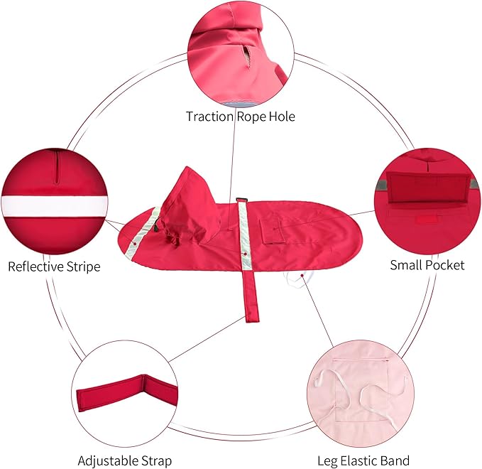NACOCO Large Dog Raincoat Adjustable Pet Water Proof Clothes Lightweight Rain Jacket Poncho Hoodies with Strip Reflective (XXXL, Red)