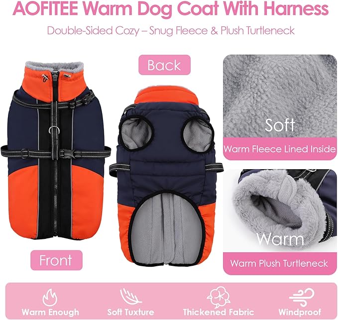 AOFITEE Dog Coat for Large Dogs, Waterproof Dog Winter Jacket with Built in Harness, Warm Turtleneck Cold Weather Coats Large, Reflective Fleece Lined Snow Jacket for French Bulldog, Boston Terrier, L