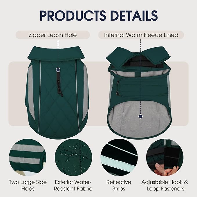 IECOii Dog Jacket - Reflective & Waterproof & Adjustable Winter Warm Coats with Fleece Lined, Snow & Rain Cold Weather for German & Shepherd, Green, Sizes 2XL