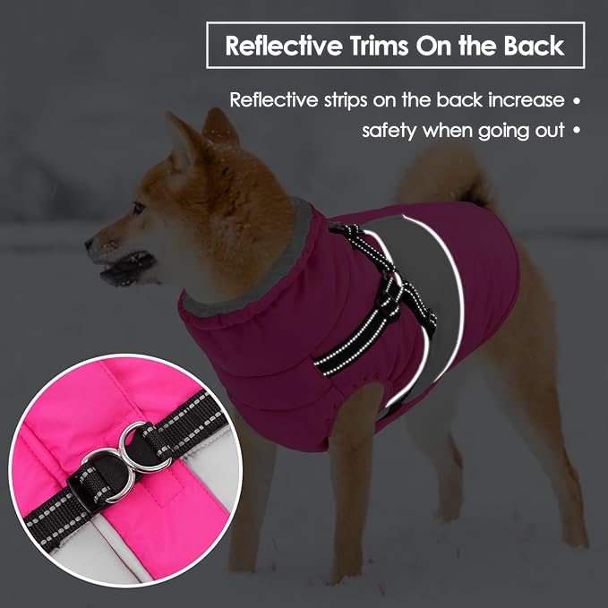 SUNFURA Small Dog Coat with Harness Built in, Warm Dog Jacket Winter with Zipper On Back, Waterproof Pet Snow Jacket Snowsuit Pet Sweater Clothes for Puppy, Hot Pink XS