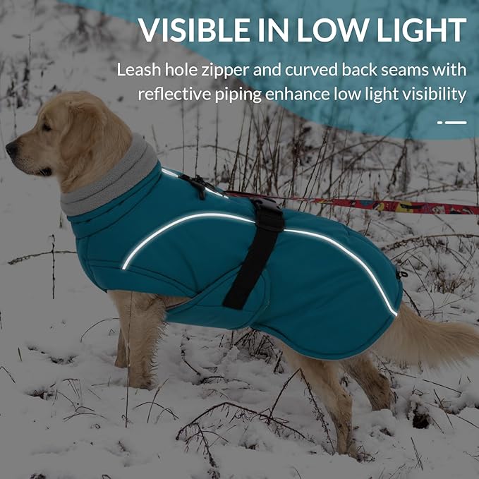 Queenmore XXL Dog Coat, Winter Jacket for Large Dogs, Waterproof Puffy Snowsuit, Adjustable Reflective Fleece Lining Warm Padding Parka for Cold Weather, Blue 2XL