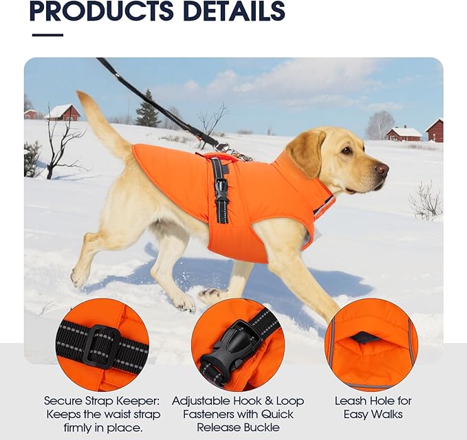 IECOii Coats for Dogs - Reflective, Adjustable & Windproof, Dachshund Jacket for Winter, Fall, and Spring, Waterproof & Cozy Fleece Lined Snow Vest with Easy-On Buckles, Orange, Size M
