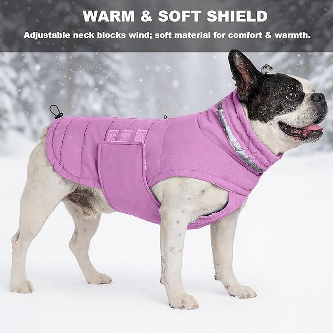 Dog Coat, Waterproof Winter Jacket, Warm Windproof Jacket, Reflective Adjustable Turtleneck Coats for Small Dogs with Hook & Loop - Lilac - S