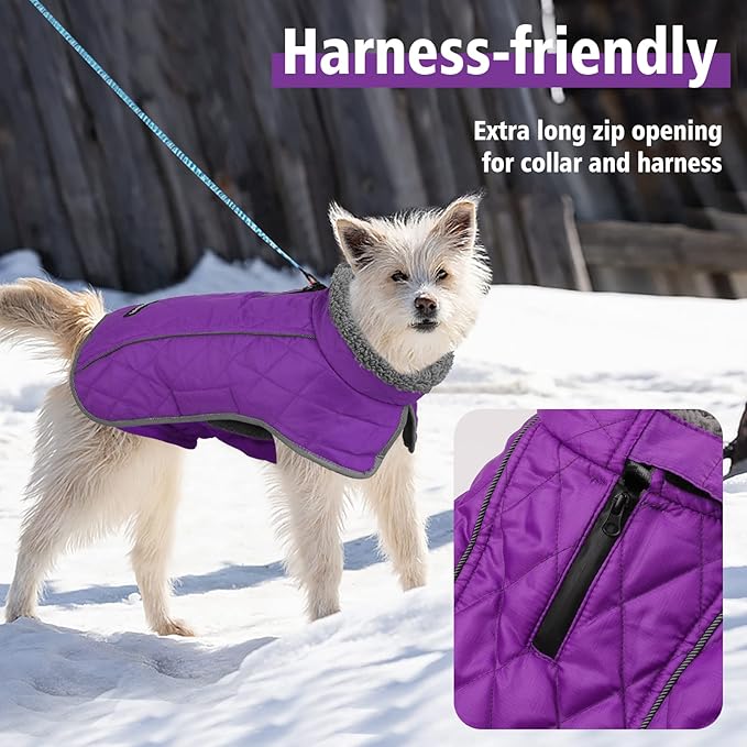 Fragralley Dog Coat Large, Waterproof Dog Jacket with Warm Fleece Lining, Adjustable Reflective Dogs Winter Coat, Turtleneck Pet Coats for Cold Weather (Purple XXXL)