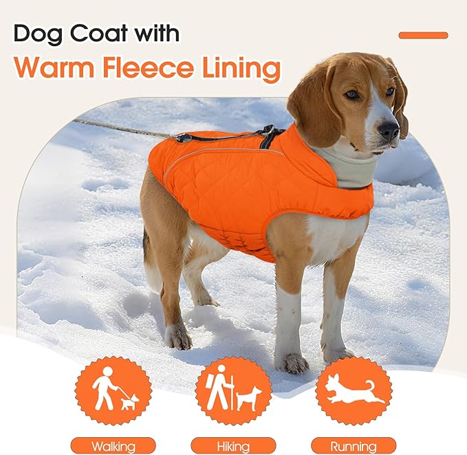 Dog Coat with Harness Built in -Orange,Small- Fleece Lined Dog Snow Jacket Snowsuit，Adjustable Reflective Winter Warm Cold Weather Coat