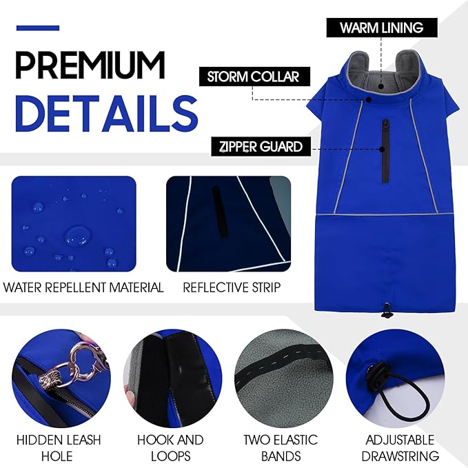 ROZKITCH Dog Snowsuit Raincoat Jacket, Waterproof Rain Jacket with Fleece Liner and Leash Hole Reflective Strip for Medium Large Dog, Adjustable Poncho Vest for Outdoor Hiking Travel Blue XL