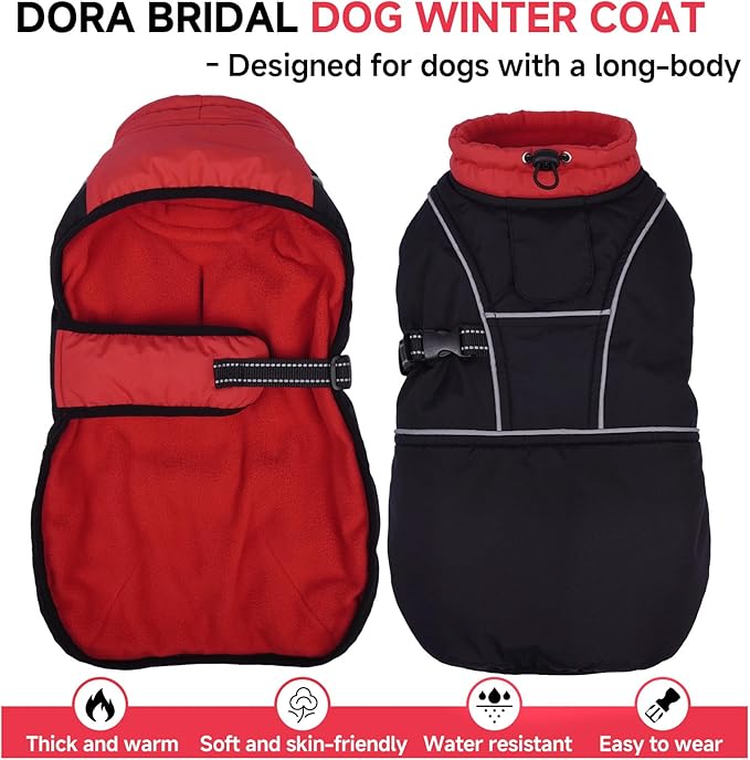 DORA BRIDAL Dachshund Coat, Fleece Lined Dog Winter Coat, Warm Dog Coats with Reflective Strips, Adjustable Waterproof Pet Jacket Clothes, XL