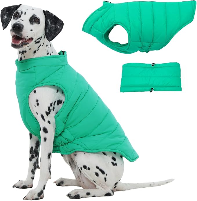 Large Dog Winter Coat with Back Zipper & Detachable Scarf, Waterproof Warm Female Dog Snow Jacket, Dogs Puffer Vest for Golden Retriever, German Shepherd, Green 2XL