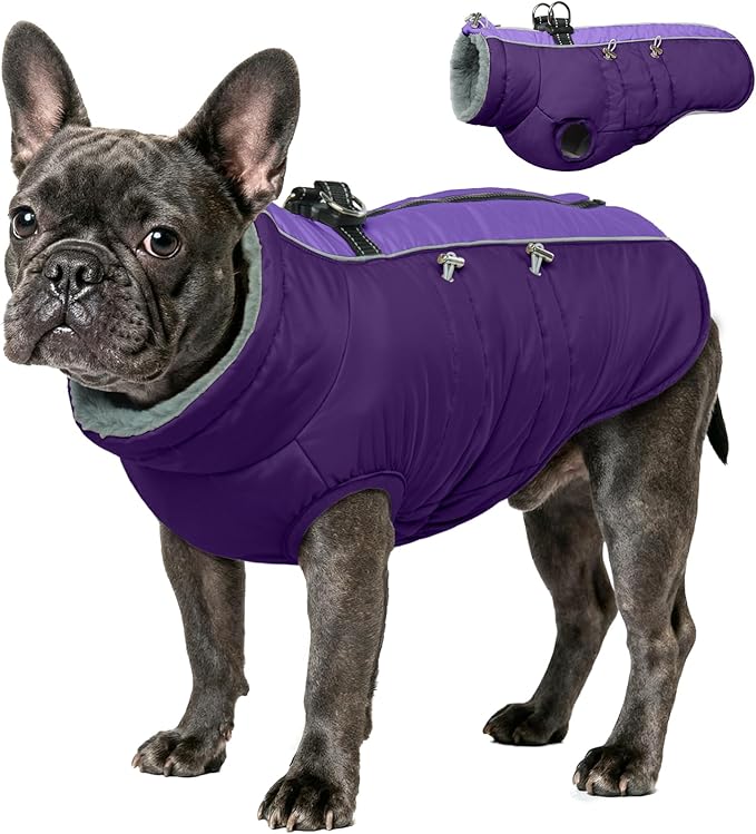 IDOMIK Warm Dog Coat with Harness, Waterproof Reflective Dog Jackets for Small Medium Large Dogs, Fleece High Collar Winter Jacket with Zipper, Pet Winter Snowsuit Clothes for Cold Weather,Purple L