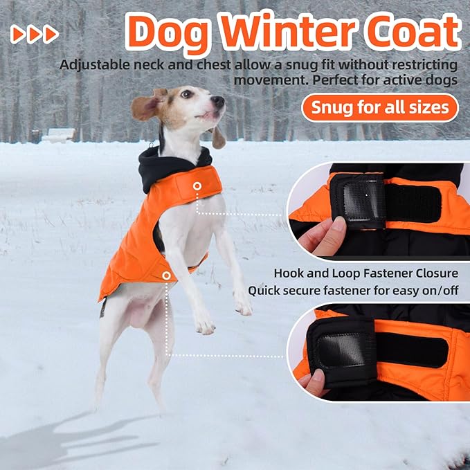 Nanaki Easy On Adjustable Pet Winter Coat Vest-Cold Weather XL Dog Coats with Hood, Warm Reflective Dog Puffer Vest Snowsuit for Pitbull, Soft Lightweight Puffer Coat for Outdoor Activities, Orange