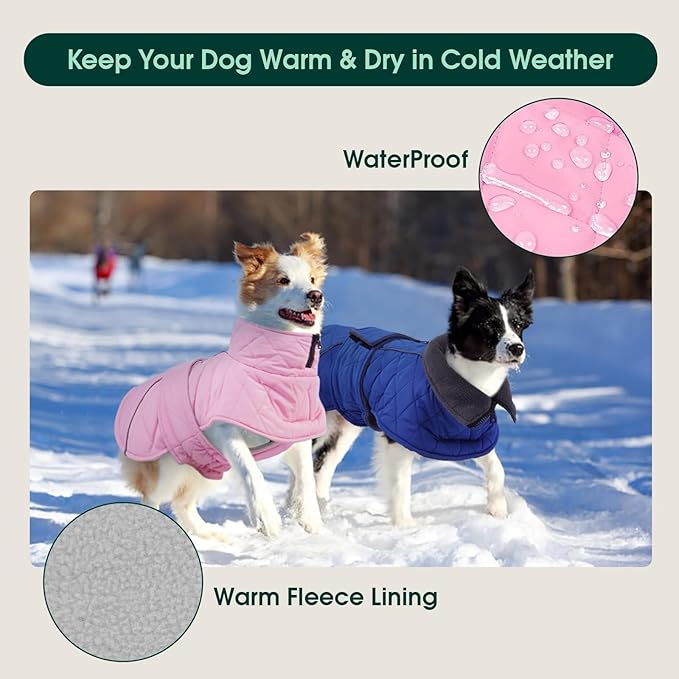 Kuoser Dog Coat, Extra Warm Dog Jacket Windproof Dogs Cold Weather Coats for Small Dogs, Fleece Lining Turtleneck Doggy Snowsuit Reflective Adjustable Pet Winter Clothes Christmas, Pink S