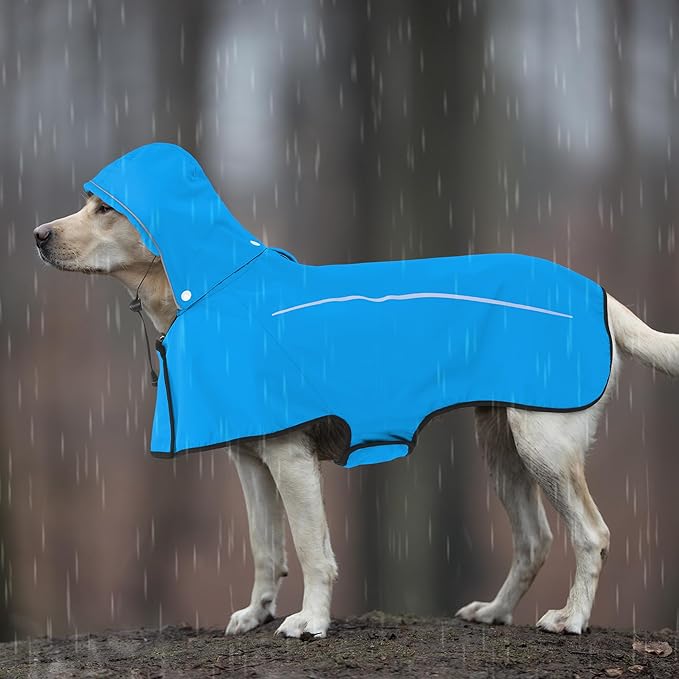 Mile High Life Dog Raincoat, Adjustable Waterproof Pet Rain Jacket, Reflective Hooded Poncho for Small Medium Large Dogs, Lightweight Breathable Pet Rain Coat (Blue,XL Chest 31"-37")