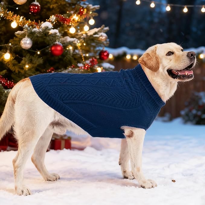 PUPTECK Dog Sweater, Turtleneck Warm Knitted Pullover Coat, Thick Cable Knitwear Clothes in Winter, Pet Apparel Outfits for Small Medium Dogs, for Cold Weather Indoor & Outdoor, Deep Blue SM