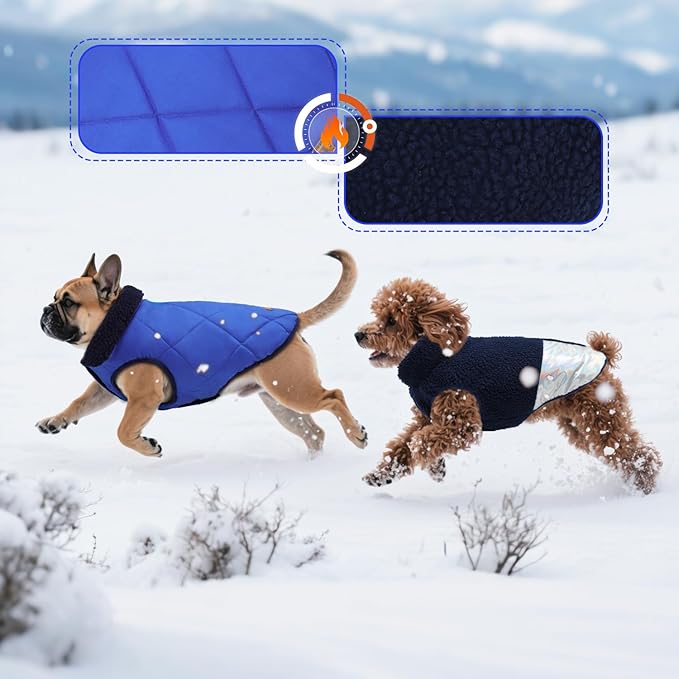 EMUST Small Dog Coat, Reversible Winter Jacket Coats for Small Dogs, Fuzzy Pet Apparel Vest for Small Medium Dogs, Royal Blue, S