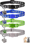 4PCS Breakaway Cat Collars,Reflective Cat Collar with Bells,Kitten Collars for Boy&Girl Cats Breakaway Collar for Cats with Paw Pendant 6-9 Inch(Black+Blue+Green+Grey)