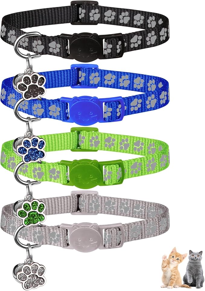 4PCS Breakaway Cat Collars,Reflective Cat Collar with Bells,Kitten Collars for Boy&Girl Cats Breakaway Collar for Cats with Paw Pendant 6-9 Inch(Black+Blue+Green+Grey)