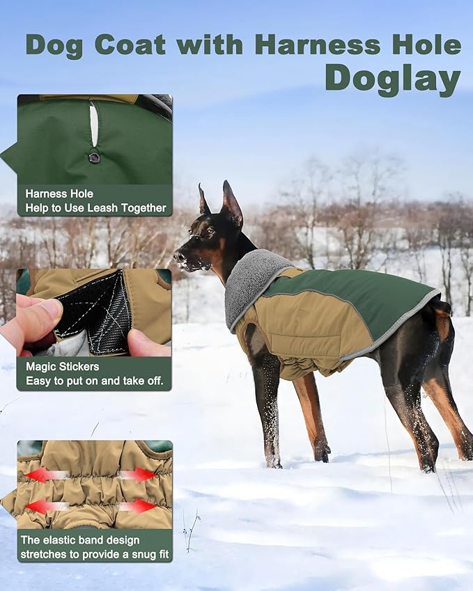 Doglay Dog Jacket Waterproof Dog Coat, Reflective Cold Weather Winter Coat, Adjustable Turtleneck Fleece Puppy Snow Jacket with Harness Hole for Small Medium Large Dogs