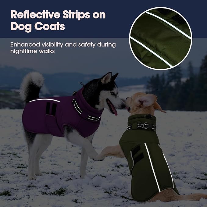 IECOii Waterproof Dog Coat for Medium Dogs, Reflective Dog Jacket with Collar Built in, Thick Fleece Dogs Coat for Winter Easy On Hook & Loop Pet Snowsuit for Hunting, Hiking, Camping, Army Green - L